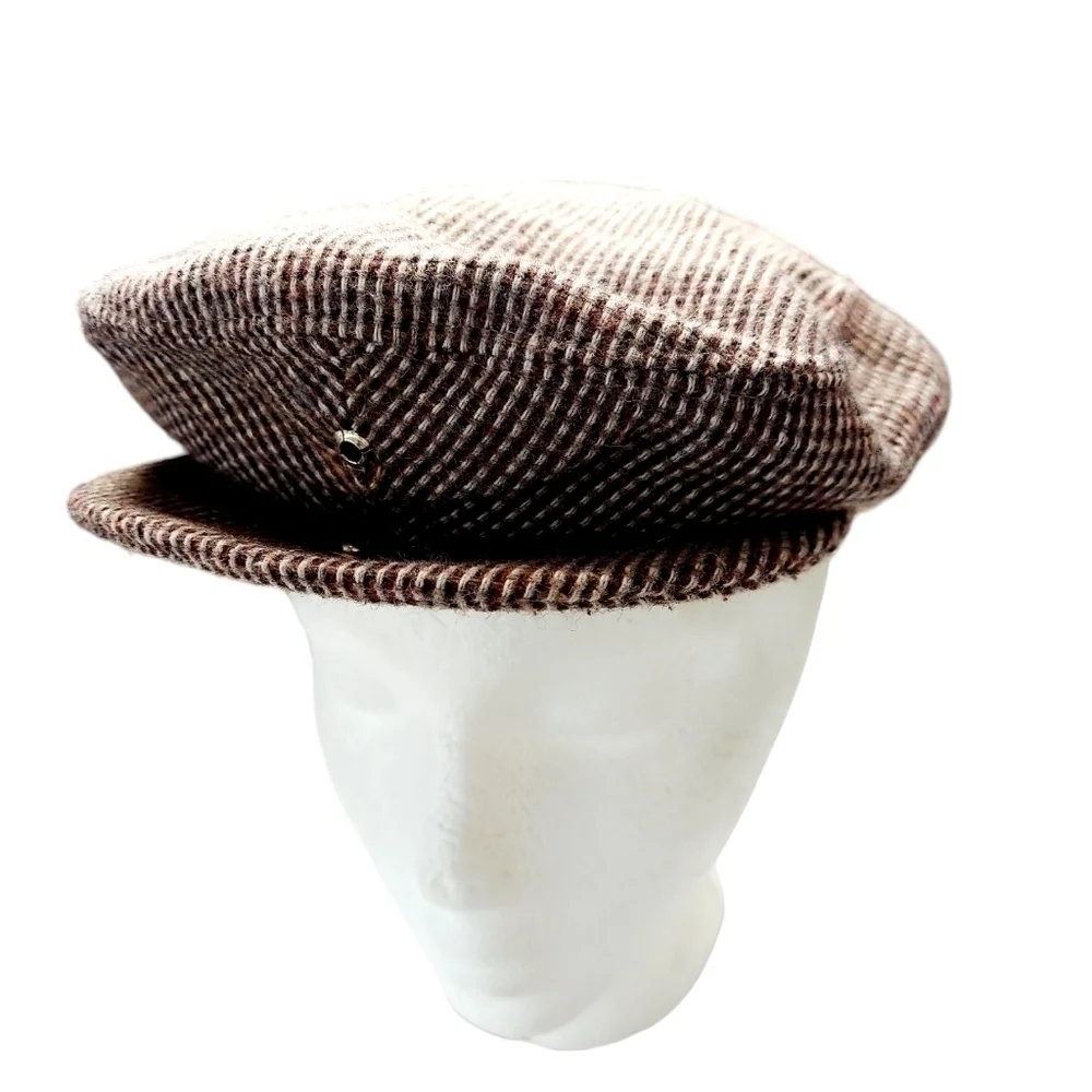 VTG Duckbill Newsboy Hat Wool Brown Herringbone Cap Cabbie Medium Made in USA